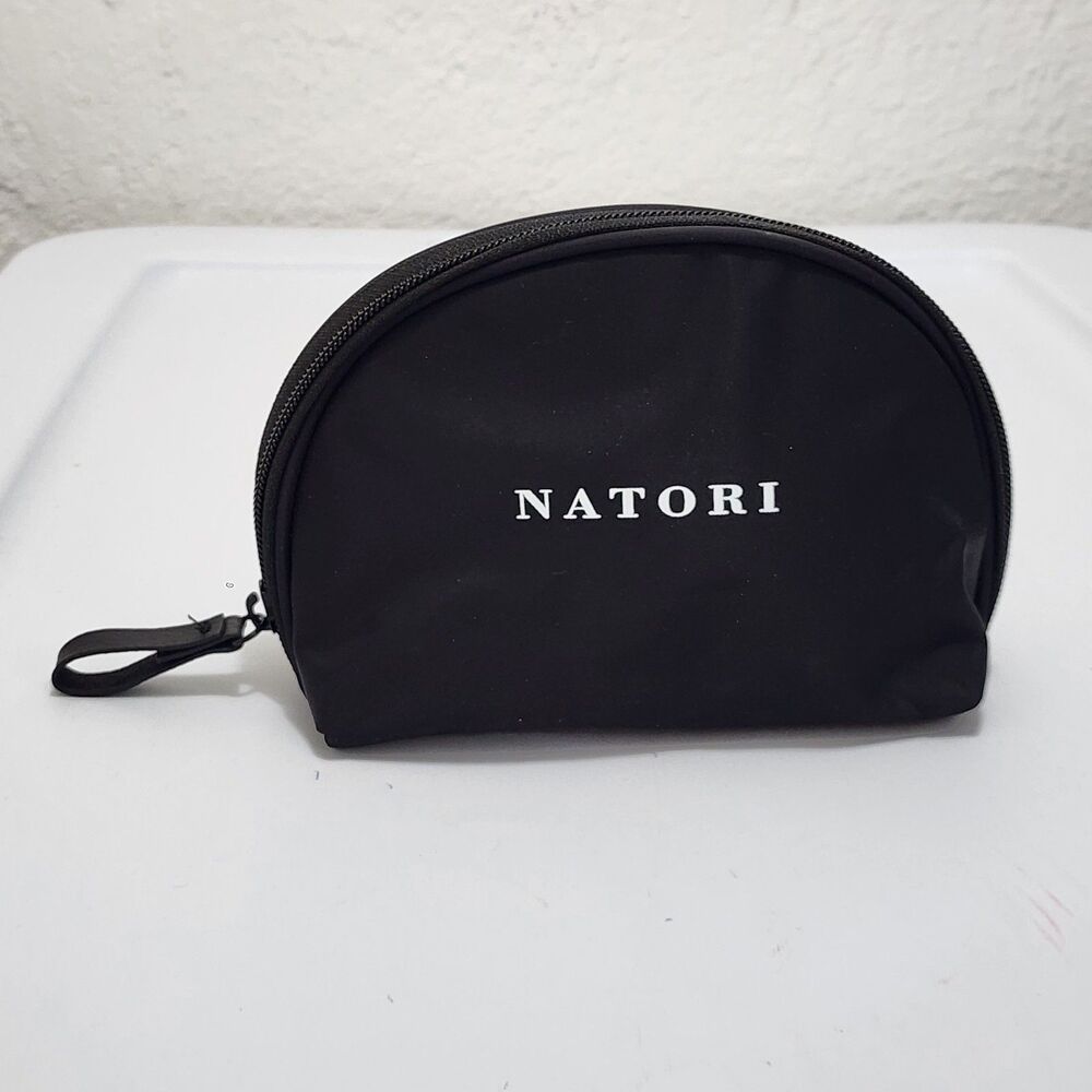 Natori Half Moon Cosmetic Pouch Makeup Bag Case Black Nylon Travel Zip Clutch